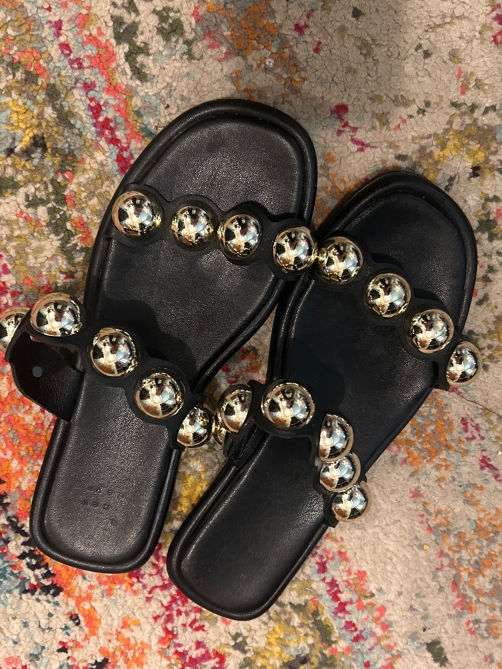 A New Day Black Slide Sandals with Gold Accents
